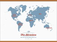Huge Personalised Travel Map of the World - Denim (Wooden hanging bars)