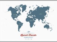 Large Personalised Travel Map of the World - Teal (Rolled Canvas with Hanging Bars)