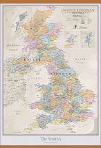 Huge Personalised UK Classic Wall Map (Rolled Canvas with Wooden Hanging Bars)