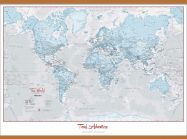 Huge Personalised World Is Art - Wall Map Aqua (Rolled Canvas with Wooden Hanging Bars)