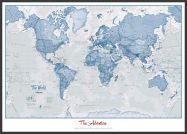 Large Personalised World Is Art - Wall Map Blue (Wood Frame - Black)