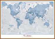 Large Personalised World Is Art - Wall Map Blue (Wood Frame - Teak)