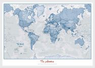Small Personalised World Is Art - Wall Map Blue (Wood Frame - White)