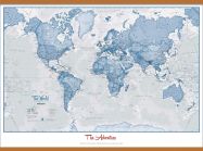 Large Personalised World Is Art - Wall Map Blue (Rolled Canvas with Wooden Hanging Bars)