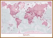 Large Personalised World Is Art - Wall Map Pink (Wood Frame - Teak)