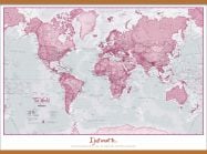 Huge Personalised World Is Art - Wall Map Pink (Rolled Canvas with Wooden Hanging Bars)