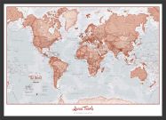 Medium Personalised World Is Art - Wall Map Red (Wood Frame - Black)