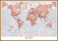 Large Personalised World Is Art - Wall Map Red (Pinboard & wood frame - Teak)