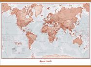 Huge Personalised World Is Art - Wall Map Red (Rolled Canvas with Wooden Hanging Bars)