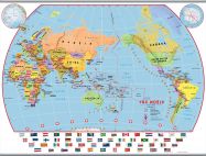 Large Primary Pacific Centred World Wall Map Political with flags (Hanging bars)