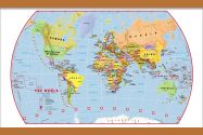 Small Primary World Wall Map Political (Wooden hanging bars)