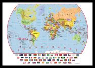 Small Primary World Wall Map Political with flags (Pinboard & framed - Black)