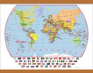 Medium Primary World Wall Map Political with flags (Rolled Canvas with Wooden Hanging Bars)