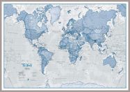 Huge The World Is Art - Wall Map Blue (Pinboard & framed - Silver)