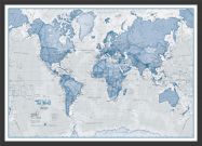 Small The World Is Art - Wall Map Blue (Wood Frame - Black)