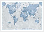Small The World Is Art - Wall Map Blue (Wood Frame - White)