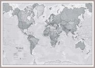 Huge The World Is Art - Wall Map Grey (Pinboard & framed - Silver)