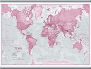 Medium The World Is Art - Wall Map Pink (Rolled Canvas with Hanging Bars)