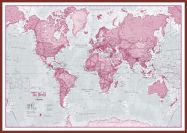 Huge The World Is Art - Wall Map Pink (Pinboard & framed - Dark Oak)