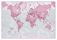 Large The World Is Art - Wall Map Pink (Wood Frame - White)