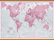 Large The World Is Art - Wall Map Pink (Rolled Canvas with Wooden Hanging Bars)