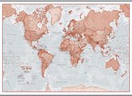 Huge The World Is Art - Wall Map Red (Rolled Canvas with Hanging Bars)