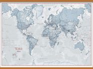 Huge The World Is Art - Wall Map Teal (Rolled Canvas with Wooden Hanging Bars)