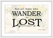 Travel Quote Map Print 'Not all those who wander...' (Wood Frame - White)