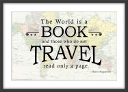 Travel Quote Map Print 'The World is a Book...' (Wood Frame - Black)