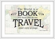 Travel Quote Map Print 'The World is a Book...' (Wood Frame - White)