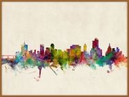 Large Tulsa Oklahoma Watercolour Skyline (Pinboard & wood frame - Teak)