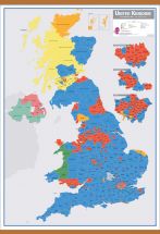 Large UK Parliamentary Constituency Boundary Wall Map (December 2019 results) (Rolled Canvas with Wooden Hanging Bars)