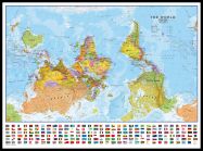 Large Upside-down World Wall Map Political with flags  (Pinboard & framed - Black)