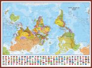 Huge Upside-down World Wall Map Political with flags  (Pinboard & framed - Dark Oak)