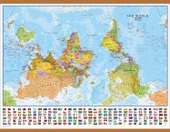 Huge Upside-down World Wall Map Political with flags  (Rolled Canvas with Wooden Hanging Bars)