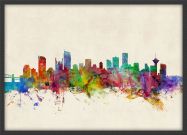 Small Vancouver Canada Watercolour Skyline (Wood Frame - Black)