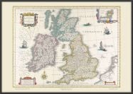 Large Vintage British Isles World Map Willem and Johan Blaeu 17th Century (Wood Frame - Black)