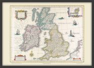 Medium Vintage British Isles World Map Willem and Johan Blaeu 17th Century (Wood Frame - Black)