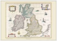 Large Vintage British Isles World Map Willem and Johan Blaeu 17th Century (Wood Frame - White)