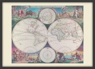 Small Vintage Double Hemisphere World Map 1689 (Wood Frame - Black)