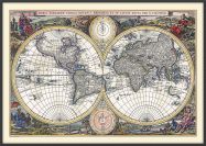 Large Vintage Double Hemisphere World Map 1700 (Wood Frame - Black)