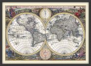 Medium Vintage Double Hemisphere World Map 1700 (Wood Frame - Black)