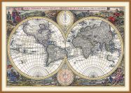 Large Vintage Double Hemisphere World Map 1700 (Wood Frame - Teak)