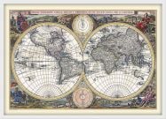 Medium Vintage Double Hemisphere World Map 1700 (Wood Frame - White)