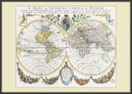 Large Vintage French Double Hemisphere World Map c1700 (Wood Frame - Black)