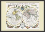 Medium Vintage French Double Hemisphere World Map c1700 (Wood Frame - Black)