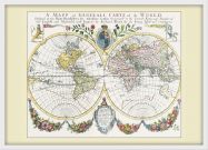 Small Vintage French Double Hemisphere World Map c1700 (Wood Frame - White)