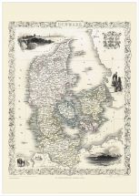 Large Vintage John Tallis Map of Denmark 1851 (Wood Frame - White)