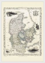 Medium Vintage John Tallis Map of Denmark 1851 (Pinboard & wood frame - White)