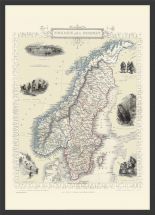 Medium Vintage John Tallis Map of Sweden and Norway 1851 (Wood Frame - Black)
